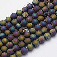 Electroplate Natural Druzy Agate Beads Strands, Dyed, Round, Frosted, Multi-color Plated, 10mm, Hole: 1mm, about 38pcs/strand, 15.7 inch(40cm)(G-G708-10mm-07)