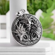 Flat Round with Dragon 304 Stainless Steel Big Pendants, Antique Silver, 57.5x50.5x11mm, Hole: 13x8mm(STAS-M206-05AS)