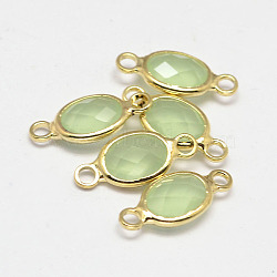 Oval Faceted Golden Brass Glass Links connectors, Light Green, 15x7x3.2mm, Hole: 1mm(X-GLAA-O014-30G)