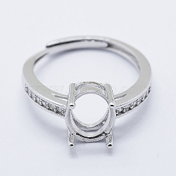 925 Sterling Silver Finger Ring Components, with Cubic Zirconia, Adjustable, Oval, Platinum, Size 6 (16mm), 2mm wide, Tray: 8x10mm(STER-G027-18P)