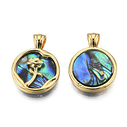 Synthetic Abalone Shell/Paua Shell Pendants, Flower Charms, with Real 18K Gold Plated Brass Findings, Nickel Free, Flat Round, Colorful, 17x12x2.5mm, Hole: 2mm(KK-N233-401)