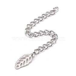 Tarnish Resistant 304 Stainless Steel Chain Extender, Curb Chain, with 202 Stainless Steel Charms, Hollow Leaf, Stainless Steel Color, 66~71mm, Link: 3.7x3x0.5mm, Leaf: 12.5x5.5x0.2mm(STAS-F268-50P)