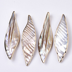 Natural Freshwater Shell Big Pendants, Edge Golden Plated, Leaf, Seashell Color, 69~73x18~19.5x5.5~7.5mm, Hole: 1.8mm(X-SHEL-R047-04)
