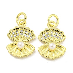 Rack Plating Brass Micro Pave Clear Cubic Zirconia Pendants, with Plastic Pearl, Long-Lasting Plated, Lead Free & Cadmium Free, Shell Shape, Real 18K Gold Plated, 16x11x4mm, Hole: 5mm(KK-B091-11)