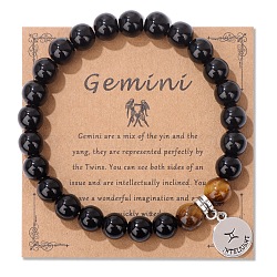 Natural Tiger Eye & Agate Beaded Stretch Bracelets,  Constellation Charm Bracelets, Round, Gemini, 7-1/2 inch(19cm)(PW-WG52B58-01)