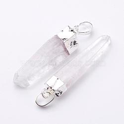 Natural Quartz Crystal Pendants, Rock Crystal, with Brass Findings, Nugget, Silver, 30~75x5~15mm, Hole: 8x5mm(G-D140-16S)
