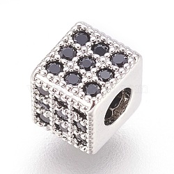 Brass Micro Pave Cubic Zirconia Beads, Cube, Black, Real Platinum Plated, 5x5.5x5.5mm, Hole: 2.5mm(ZIRC-F088-026P)