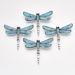 Freshwater Shell Brooches/Pendants, with Alloy Findings and Resin Bottom, Rhinestone, Dyed, Dragonfly, Antique Silver, Sky Blue, 53x62x10mm, Hole: 5x4mm, Pin: 0.7mm(SHEL-S275-39B)