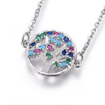 304 Stainless Steel Pendant Necklaces, with Cubic Zirconia, Colorful, Flat Round with Life Tree, Stainless Steel Color, 17.71 inch(45cm)
