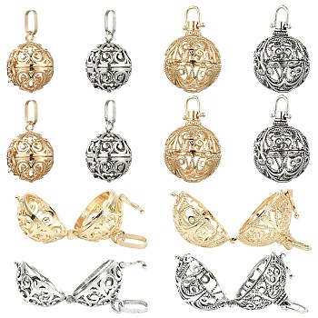 8Pcs 4 Styles Brass Hollow Round Cage Pendants, For Chime Ball Pendant Necklaces Making, Rack Plating, Mixed Color, 28~33x25~30x21~25mm, Hole: 5~9x3.5~5mm, inner: 18~20mm, 2pcs/style