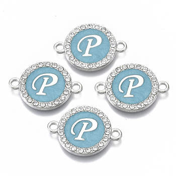 Alloy Enamel Links Connectors, with Crystal Rhinestones, Flat Round with Letter, Silver Color Plated, Letter.P, 22x16x2mm, Hole: 1.8mm