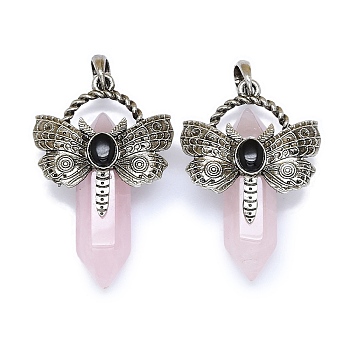 Natural Rose Quartz Faceted Pointed Bullet Big Pendants, Rack Plating Antique Silver Plated Alloy Butterfly Charms, Cadmium Free & Lead Free, 54x33.5x18.5~19mm, Hole: 6.5x7.5mm