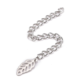 304 Stainless Steel Chain Extender, Curb Chain, with 202 Stainless Steel Charms, Hollow Leaf, Stainless Steel Color, 66~71mm, Link: 3.7x3x0.5mm, Leaf: 12.5x5.5x0.2mm