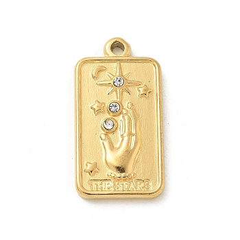 304 Stainless Steel Pendants, with Rhinestone, Golden, Palm, 25.5x13x3mm, Hole: 1.8mm