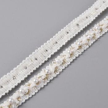 2 Yards Polyester Braided Lace Ribbons, with Plastic Imitation Pearl, Garment Accessories, Floral White, 5/8 inch(16mm), 1~7mm thick, about 2.00 Yards(1.83m)/pc