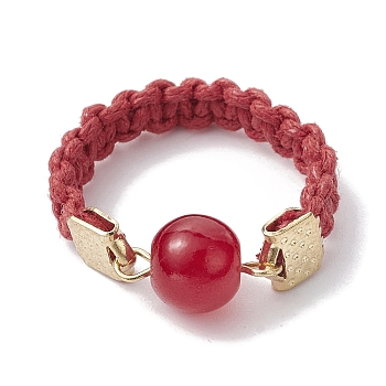 Glass Round Ball Braided Bead Style Finger Ring, with Waxed Cotton Cords, Red, Inner Diameter: 18mm