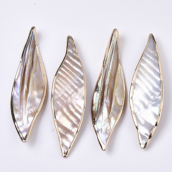 Natural Freshwater Shell Big Pendants, Edge Golden Plated, Leaf, Seashell Color, 69~73x18~19.5x5.5~7.5mm, Hole: 1.8mm
