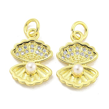 Rack Plating Brass Micro Pave Clear Cubic Zirconia Pendants, with Plastic Pearl, Long-Lasting Plated, Lead Free & Cadmium Free, Shell Shape, Real 18K Gold Plated, 16x11x4mm, Hole: 5mm