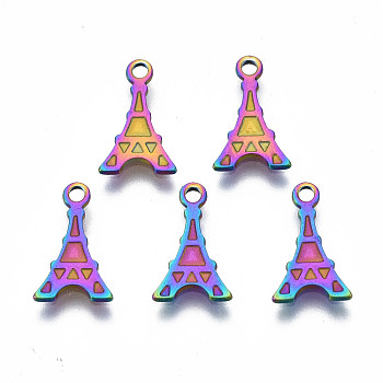 Ion Plating(IP) 201 Stainless Steel Charms, Cadmium Free & Nickel Free & Lead Free, Eiffel Tower, Rainbow Color, 12x7x1mm, Hole: 1.4mm