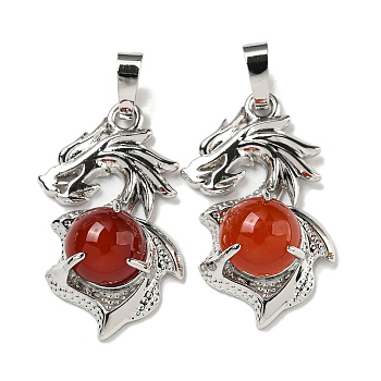 Dyed & Heated Natural Carnelian Pendants, Dragon Charms with Rack Plating Brass Findings, Platinum, Cadmium Free & Lead Free, 31x18x8~10mm, Hole: 5x8mm