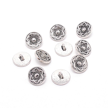 Alloy Buttons, 1-Hole, Flat Round with Flower, for Sewing Crafting, Antique Silver, 15x6.5mm, Hole: 2mm, 10pcs/bag