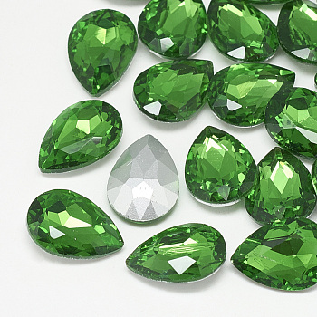 Pointed Back Glass Rhinestone Cabochons, Back Plated, Faceted, teardrop, Emerald, 25x18x8mm