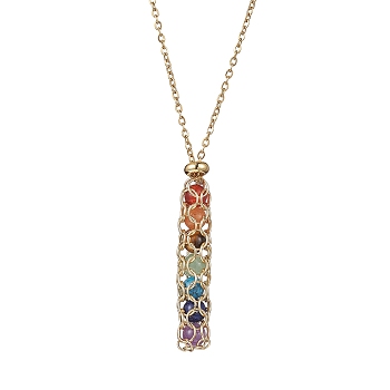 Natural Mixed Gemstone Chakra Theme Necklace, 304 Stainless Steel Macrame Pouch Pendant Necklace, Golden, 22.95~24.65 inch(58.3~62.6cm) 