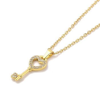 304 Stainless Steel Pendant Necklaces, Brass Micro Pave Cubic Zirconia Pendant Necklaces, Key, 18.07 inch(45.9cm) Pendant: 23x10mm