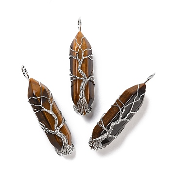 Natural Tiger Eye Big Pendants, Platinum Tone Copper Wire Wrapped, Cadmium Free & Lead Free, Bullet, 50.5x14.5x12mm, Hole: 5.5mm
