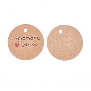 Jewelry Display Kraft Paper Price Tags, Round with Word Handmade with Love, Sandy Brown, 45x0.4mm, Hole: 4.5mm, about 50pcs/bag