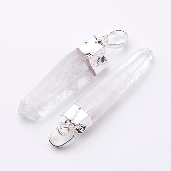 Natural Quartz Crystal Pendants, Rock Crystal, with Brass Findings, Nugget, Silver, 30~75x5~15mm, Hole: 8x5mm