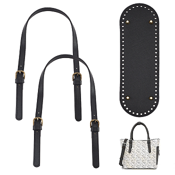 Elite Bag Replacement Accessories Sets, Including 2Pcs PU Leather Bag Handle and 1Pc Knitting Crochet Bags Bottom, Black, Bag Handle: 67~71x1.4~2.35cm, Hole: 1.2mm, Bag Bottom: 30.3x10.2x0.4~1cm