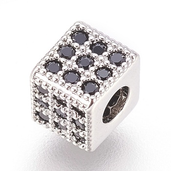 Brass Micro Pave Cubic Zirconia Beads, Cube, Black, Real Platinum Plated, 5x5.5x5.5mm, Hole: 2.5mm