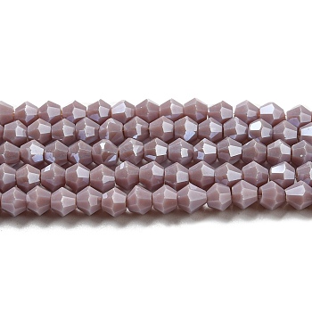 Opaque Solid Color Electroplate Glass Beads Strands, Pearl Luster Plated, Faceted, Bicone, Medium Purple, 4x4mm, Hole: 0.8mm, about 82~85pcs/strand, 30.5~31cm