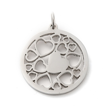 304 Stainless Steel Pendants, with Jump Ring, Flat Round, Stainless Steel Color, Heart, 33x29.5x2mm, Hole: 5.5mm