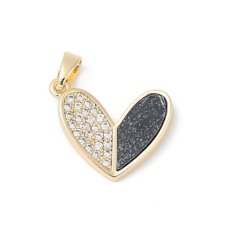 Brass Micro Pave Clear Cubic Zirconia Pendants, Heart, with Resin, Rack Plating, Long-Lasting Plated, Lead Free & Cadmium Free, Real 18K Gold Plated, Black, 14x17x3mm, Hole: 5x3mm