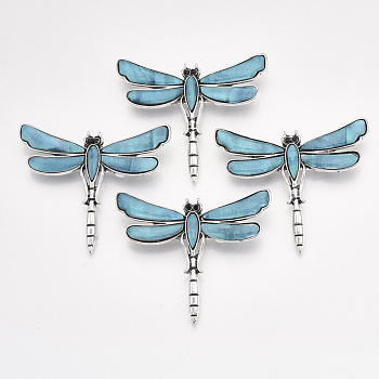Freshwater Shell Brooches/Pendants, with Alloy Findings and Resin Bottom, Rhinestone, Dyed, Dragonfly, Antique Silver, Sky Blue, 53x62x10mm, Hole: 5x4mm, Pin: 0.7mm