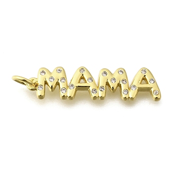 Mother's Day Brass Micro Pave Cubic Zirconia Pendants, Word Mama, Long-Lasting Plated, with Jump Ring, Lead Free & Cadmium Free, Rack Plating, Real 18K Gold Plated, 7x28x2mm