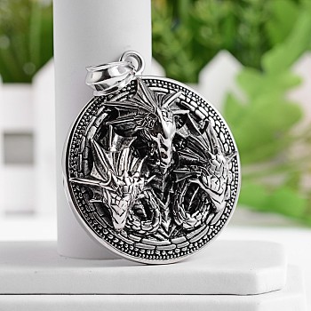 Flat Round with Dragon 304 Stainless Steel Big Pendants, Antique Silver, 57.5x50.5x11mm, Hole: 13x8mm