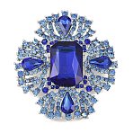 Alloy Rhinestone Lapel Pins for Backpack Clothes, Flower, Platinum, Aquamarine, 58x66mm(JEWB-P055-07P)