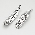 Tibetan Style Alloy Feather Pendants, Cadmium Free & Lead Free, Antique Silver, 45x10x4mm, Hole: 2mm, about 161pcs/500g(TIBEP-Q043-326-RS)