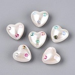 ABS Plastic Imitation Pearl Beads, Heart, with Rhinestone, Creamy White, 19x20x12mm, Hole: 1.6~2mm(SACR-T017-79A)