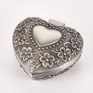 European Classical Princess Jewelry Boxes, Alloy Carved Flower Jewelry Boxes, for Craft Gift, Heart, Antique Pewter Color, 6x6x3.2cm(OBOX-WH0004-10)
