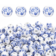200Pcs Handmade Porcelain Beads, Blue and White Porcelain, Round with Flower Pattern, Blue, 9.5~10x8.5~9mm, Hole: 3mm(PORC-CA0001-14)