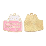 Cute Alloy Pendants, with Enamel, Golden, Cadmium Free & Lead Free, Cat with Word  Always be Happiness Charms, Pearl Pink, 26.5x25x1.3mm, Hole: 1.8mm(ENAM-L044-01G-02)