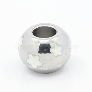 304 Stainless Steel Enamel Beads, Large Hole Beads, Rondelle with Flower, White Color, Stainless Steel Color, 9x7mm, Hole: 4mm(STAS-I020-13)