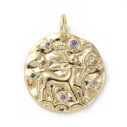 Brass Micro Pave Cubic Zirconia Pendants, with Jump Rings, Flat Round, Constellation, Colorful, Golden, Sagittarius, 14~15x2mm, Hole: 3mm(ZIRC-G157-03J-01G)