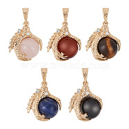 5Pcs 5 Style Natural Gemstone Pendants, with Light Gold Alloy Findings and Crystal Rhinestone, Claw with Round, 30.5x26.5x19mm, Hole: 5.5x10mm, 1pc/style(G-CW0001-04)