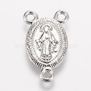 Tibetan Style Alloy Chandelier Component Links, 3 Loop Connectors, Rosary Center Pieces, Oval with Virgin Mary, Platinum, 16.5x10x1mm, Hole: 1.5mm(X-PALLOY-F173-11P)