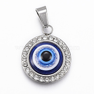 304 Stainless Steel Resin Pendants, with Rhinestone, Flat Round with Eye, Stainless Steel Color, 22x18x5.5mm, Hole: 4x7mm(STAS-G155-01P)
